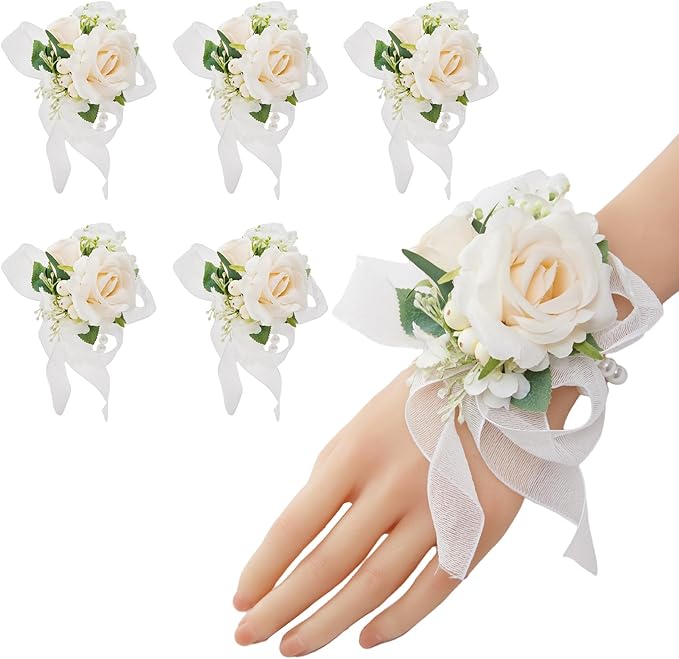 Meldel Champagne Wrist Corsage for Bride Bridesmaid Wedding,Set of 6, Romantic Artificial Rose Pearls Wristband Wrist Flow...