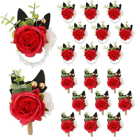 Sherr 20 Pcs Rose Wrist Corsage and Boutonniere Set Flower Wrist Corsage Wristlet Band Bracelet Bridegroom Men's Boutonnie...