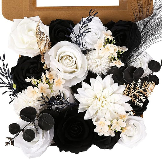 ASTRYAS Black White Flowers Artificial Combo Box Set Mix Silk Flowers Dahlia Roses with Stems for DIY Wedding Bouquets Cen...