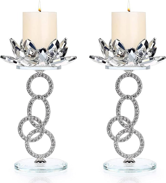 OwnMy Set of 2 Crystal Lotus Flower Candle Holders Metal Glass Lotus Pillar Candlestick Holders, Silver Crystal Lotus Teal...