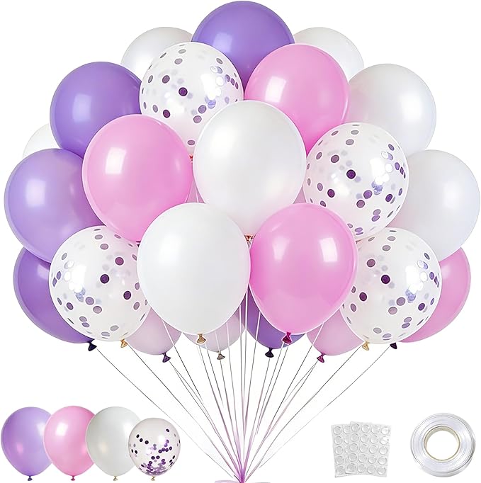 Danadia 32PCS Pink Balloons Set, 12 Inch Purple Pink White Latex Balloons with 9 Inch Purple Confetti Balloons for Girls' ...
