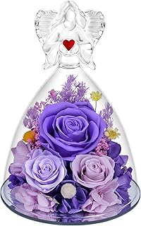Vryblos Preserved Flowers in Glass Angel Figurine with LED Light,Forever Real Roses Prime Eternal Flower Birthday Glitter ...