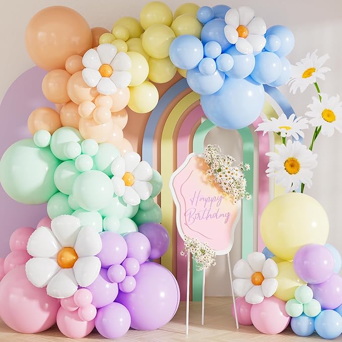 Haolongfa Daisy Balloon Arch Garland Kit - 131 Pcs Pastel Rainbow balloon arch kit with Daisy Balloons, for Birthday Part...