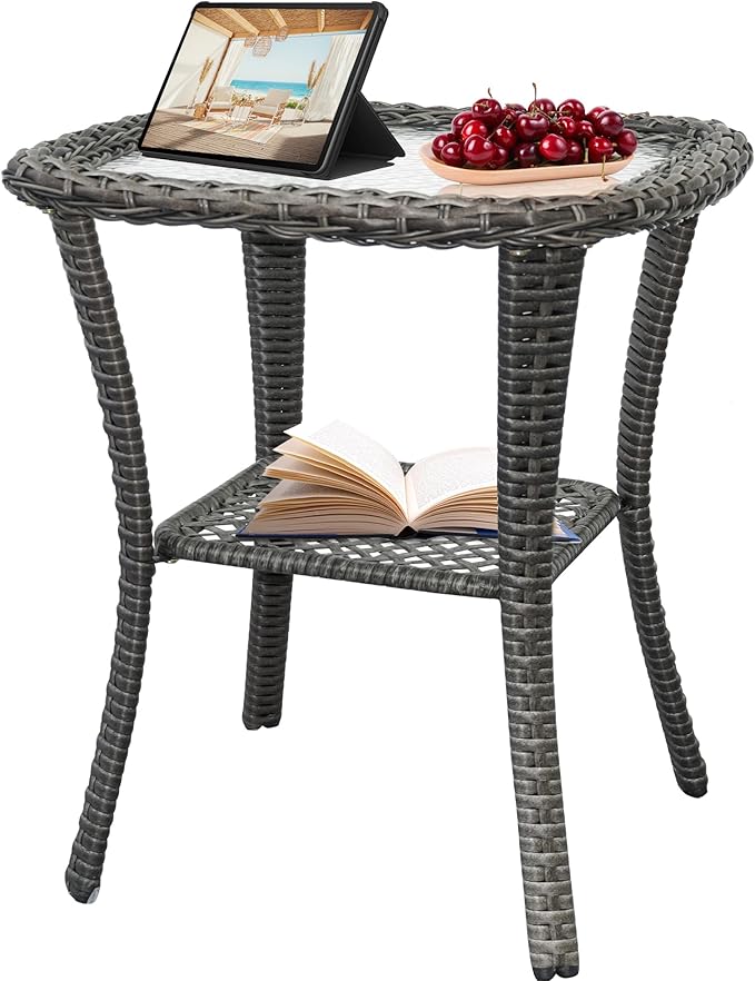 TXGDPIONEER Outdoor Patio Coffee Tables, All Weather Resin Rattan Patio Glass Coffee Table, for Garden Backyard Lown Porch