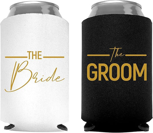 Bride and Groom Can Coolers - 1 White and 1 Black Beer Coolie, Perfect Wedding, Engagement, or Bridal Shower Gift