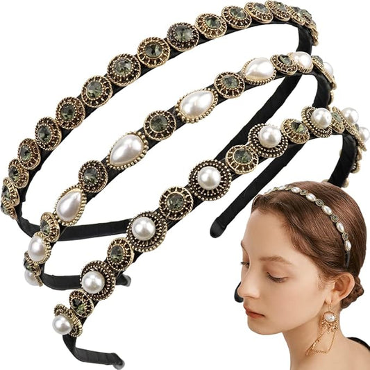 NAIHOD 3 Pcs Pearls Rhinestones Thin Headbands for Women Girls Luxury Vintage Hair Bands for Women's Hair with Cloth Wrapp...