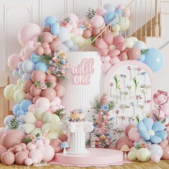 Spring Wildflowers Balloon Arch Kit 153Pcs Pastel Pink Blue Balloon Garland Kit, Daisy Flower Foil Balloons for Birthday B...