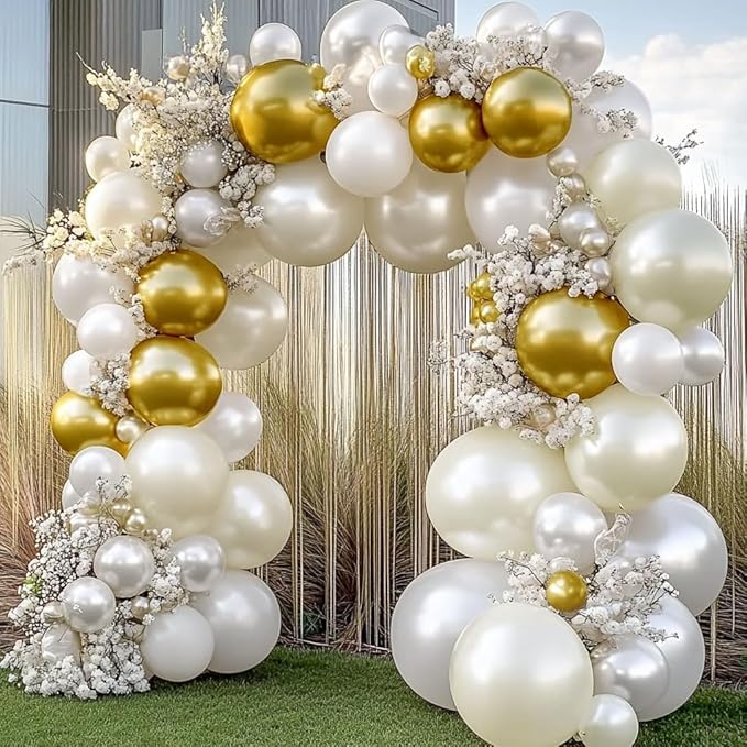 White and Gold Balloon Garland - Double Stuffed Pearl Sand White Gold Balloons Arch Kit 5 12 18 inch for Birthday Graduati...