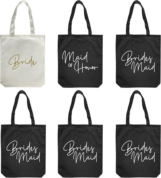 LADY & HOME 6pcs Bachelorette Party Tote Bag, Bride Bridesmaid Cotton Tote Bag for Wedding Gifts