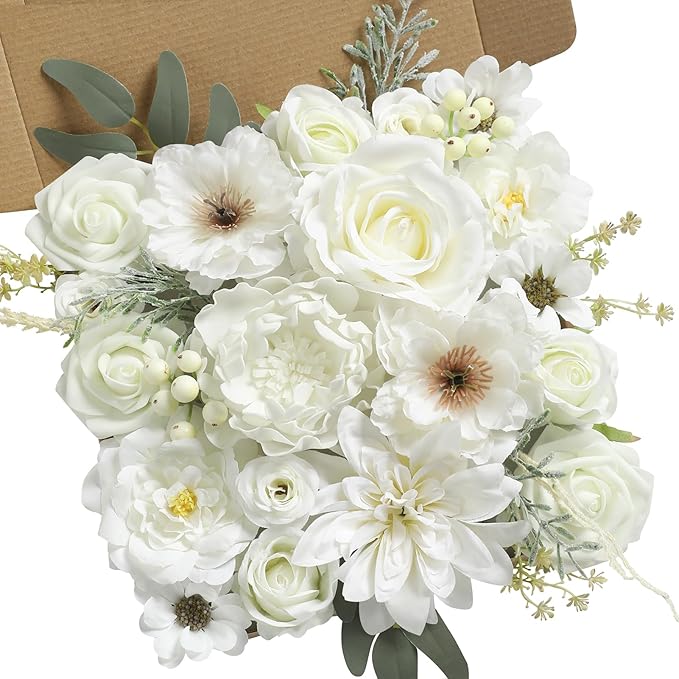 Koroni Flowers Artificial Flowers Combo Box Set White Flowers Silk Fake Roses with Stems for DIY Wedding Bouquets,Floral A...