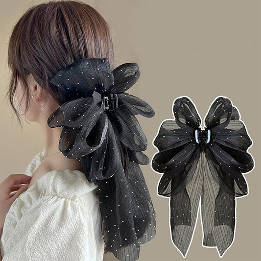 Rannyrena Large Hair Bow for Women Long Satin Silk Knot Hair Claw Clips Lace Black Tulle Hair Barrettes with Pearls Long T...