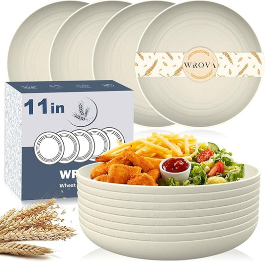 Wrova Large Wheat Straw Dinner Plates - 11 Inch Set of 8 - Unbreakable, Dishwasher & Microwave Safe - Deep Edge for Kitche...