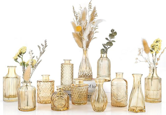 UPBUD Amber Glass Bud Vases Set of 12, Gold Mini Flower Vase for Centerpieces, Small Vases in Bulk for Wedding Decoration...