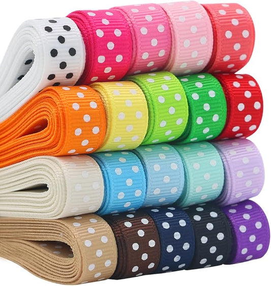 QingHan Grosgrain Ribbons for Crafts Gifts Wrapping 3/8" Boutique Polka Dot Fabric Ribbon 40yd (20 x 2yd)