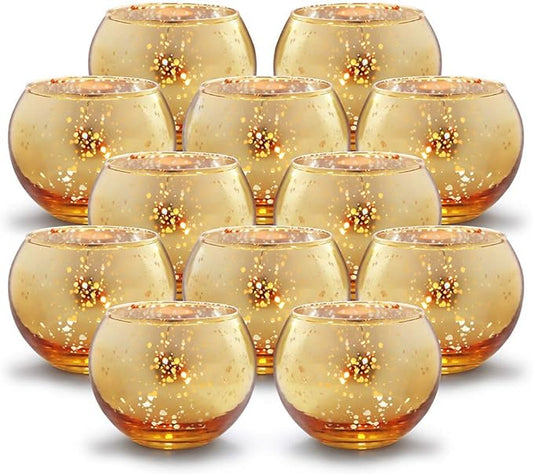 Volens Round Gold Votive Candle Holders, Mercury Glass Candle Holder Set of 12, Wedding Decorations for Table