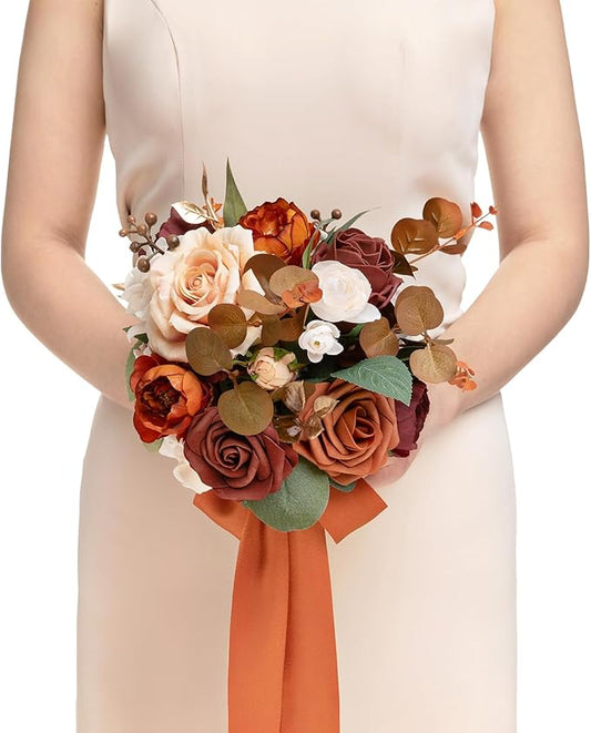 Ling's moment Terracotta Artificial Wedding Flower Bouquets for Bridesmaids Burnt Orange Floral Bouquet Rust Bridal Bouque...