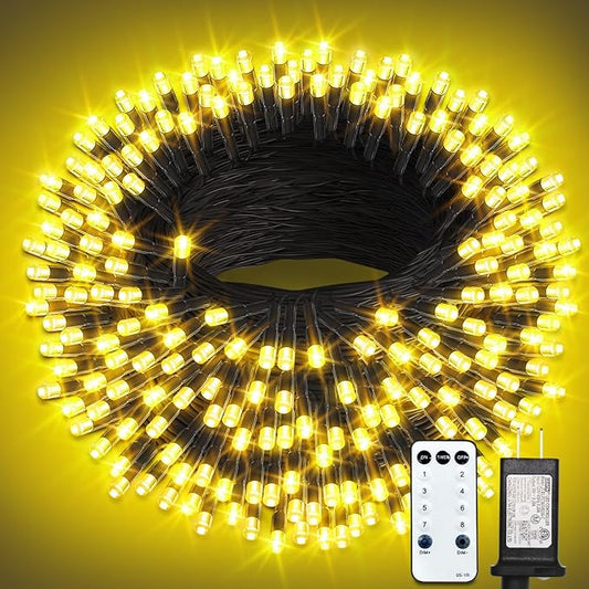 ROSCOO 300 LED String Lights Outdoor, 100FT Warm White Christmas Lights for Outside with Remote, Timer Memory Function, 8 ...