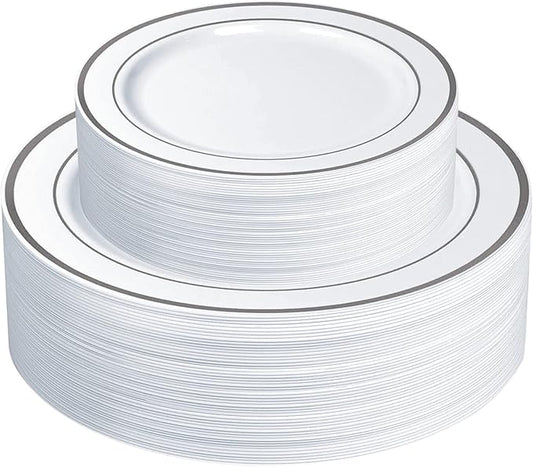 SETUP [60 Piece Combo Silver Trim Plastic Plates - Premium Heavy-Duty 30 Disposable 10.25" Dinner Party Plates and 30 Disp...