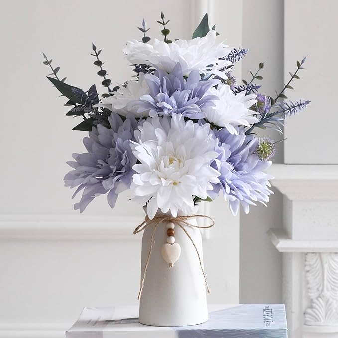 16" Artificial Flowers with Eucalyptus Stems and Greenery, Faux Dahlia Flower Arrangement in White Ceramic Vase with Heart...