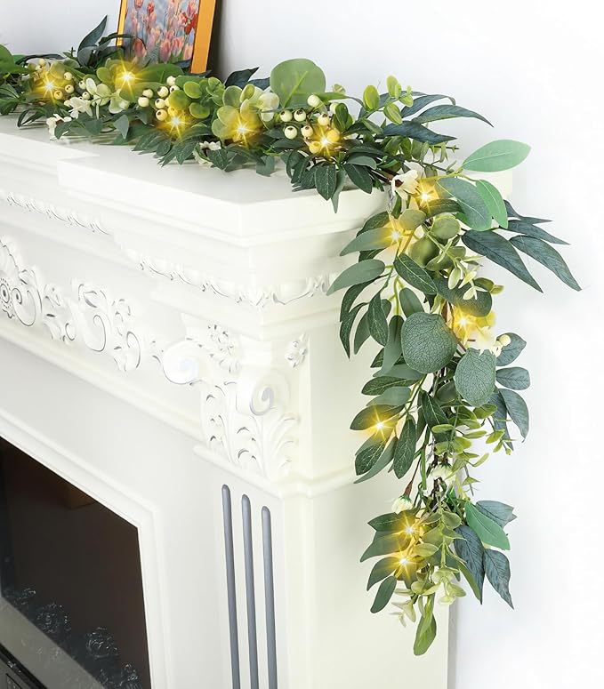 Artgar Eucalyptus Garland with Lights - 6 Ft Greenery Garland - Artificial Silver Dollar Olive Garlands, Spring/Summer Gre...