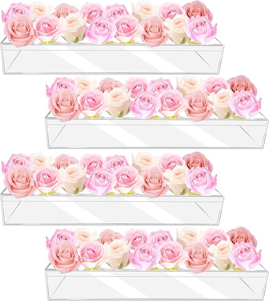 4Pcs Acrylic Flower Vase with 64 Holes,63 inch Decorative Long Clear Vase Modern,Rectangular Acrylic Vases Clear Floral Ce...