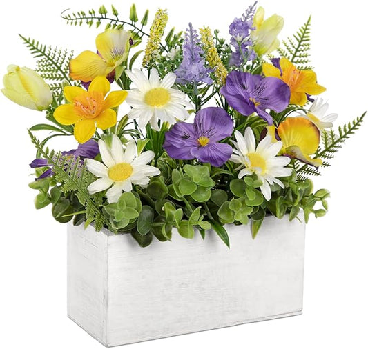 Briful Table Floral Arrangement Centerpiece, Faux Flowers in Wooden Vase, Silk Flowers for Home Decor Indoor, Spring Summe...