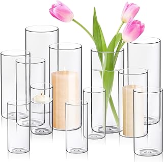 Cylinder Flower Vases 12PCS 10" 7.8" 6" Hurricane Candle Holders Pillar Votives Floating Candles Holder, Clear Glass Vase ...