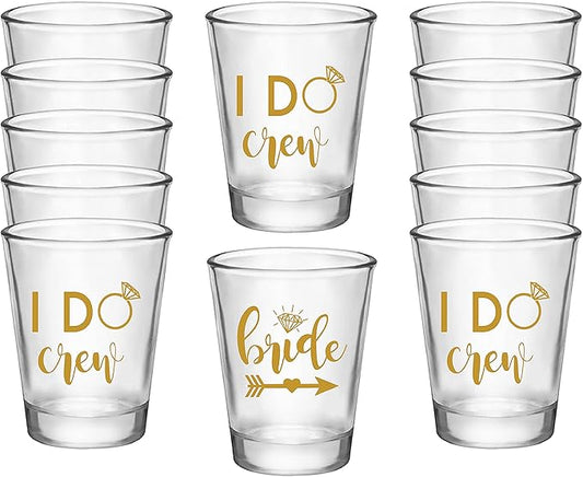 Bride and I Do Crew Bachelorette Shot Glasses, Set of 12, 11 Gold I Do Crew and 1 Gold Bride Shot Glass, Perfect Bachelore...