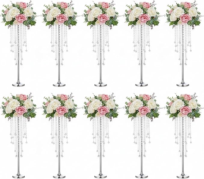 29.5" Tall Flower Stands for Wedding Centerpieces, Set of 10 Silver Metal Flower Candle Holders, Elegant Vases with Chande...