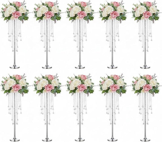 29.5" Tall Flower Stands for Wedding Centerpieces, Set of 10 Silver Metal Flower Candle Holders, Elegant Vases with Chande...