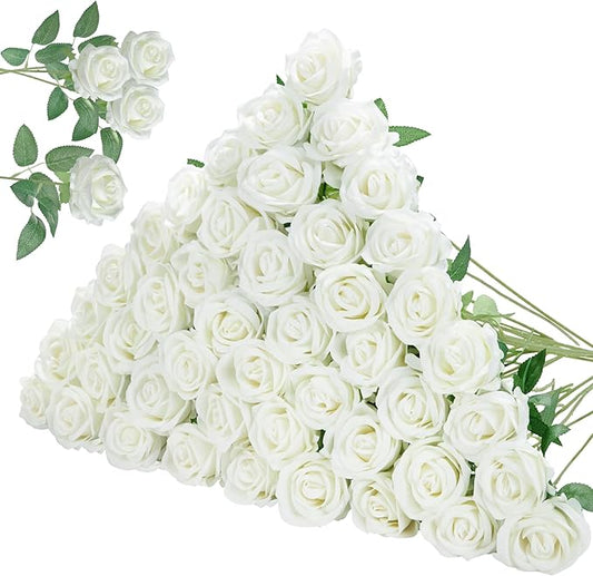 InnoGear 50 Pcs White Roses Artificial Flowers, Fake Velvet Silk Rose Bulk Faux Flower for Decoration DIY Wedding Centerpi...