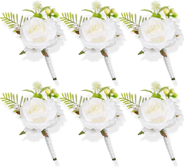 Flasunire 6-Pack White Silk Rose Boutonniere with Pearls for Groom and Groomsmen, Realistic Artificial Flower Lapel Pin fo...