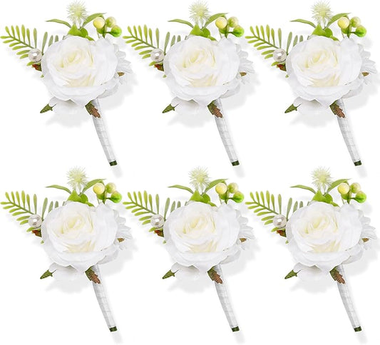 Flasunire 6-Pack White Silk Rose Boutonniere with Pearls for Groom and Groomsmen, Realistic Artificial Flower Lapel Pin fo...