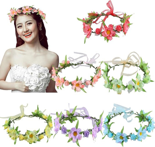 6Pcs Adjustable Boho Flower Crowns with Elastic Ribbon Floral Headbands Garland Bridal Bridesmaid Women Girls Teens Kids H...