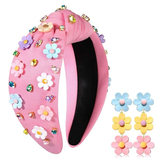 PHALIN Floral Headband for Women Summer Headband Daisy Flower Knotted Headbands Embellished Jeweled Rhinestone Headbands S...