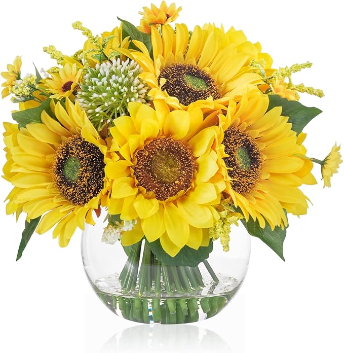 WELL KNOWN Sunflower Decor Arrangement as Table Centerpieces, Artificial Flowers in Vase for Home Decor Yellow Sunflower C...