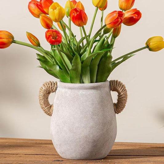 Ceramic Flower Vase Home Decor - 7.1 Inch White Rustic Table Flowers Vases Living Room Bedroom Plant Decoration Modern Far...