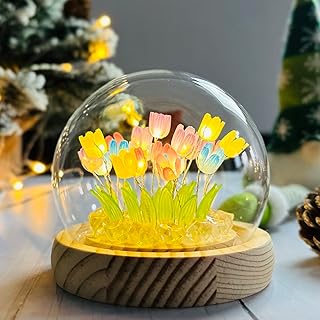 (20 Flower) Assembled Tulip Lamp Night Light with Glass Dome, Handmade Artificial Flower Table Lamp Bedroom Desk Decoratio...