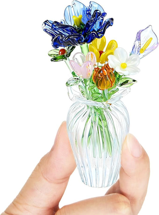 Fiwochic 7 Color Glass Birth Flower Decor Glass Birthday Month Flower Bouquet with Small Vase Crystal Wildflower Blossom f...
