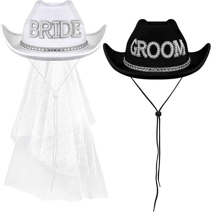 Geyoga 2 Pcs Bride Cowgirl Hat with Veil Feathers Black Groom Cowboy Hats for Wedding Bridal Shower Decor Gifts