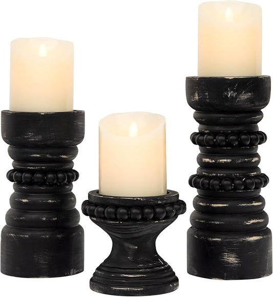 MODE HOME Rustic Black Wood Candle Holders Set of 3, Farmhouse Beaded Wood Pillar Candle Holder, Candle Holders for Pillar...