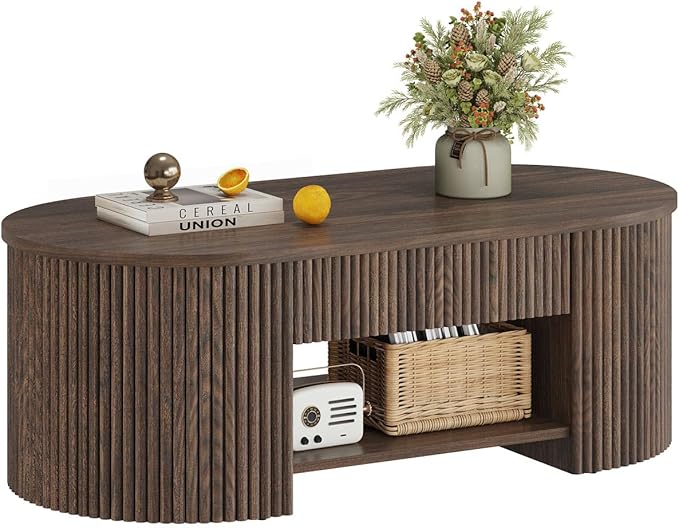 FATORRI Coffee Table with Storage, Mid Century Modern Wood Fluted Center Table with Shelf, Oval Coffee Tables with Drawer...