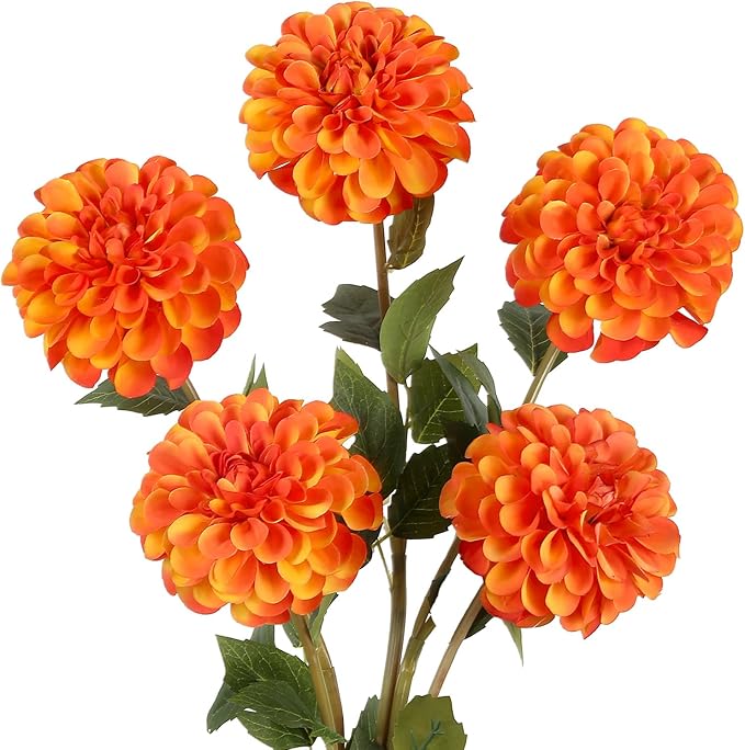 IPOPU 5 Pcs Orange Artificial Dahlia with Stem 27” Silk Dahlia Fake Flower Decor for Tall Vase Living Room Bathroom Weddin...