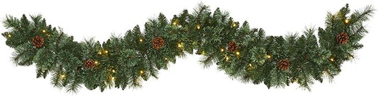 Nearly Natural 6ft White Mountain Pine Artificial Garland with 35 Warm White LED Lights and Pinecones, Includes Battery Box