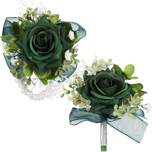 Corsage and Boutonniere Set for Wedding, Dark Green Artificial Rose Flowers, Pearl Wristband, Fabric Flower Decoration Sui...