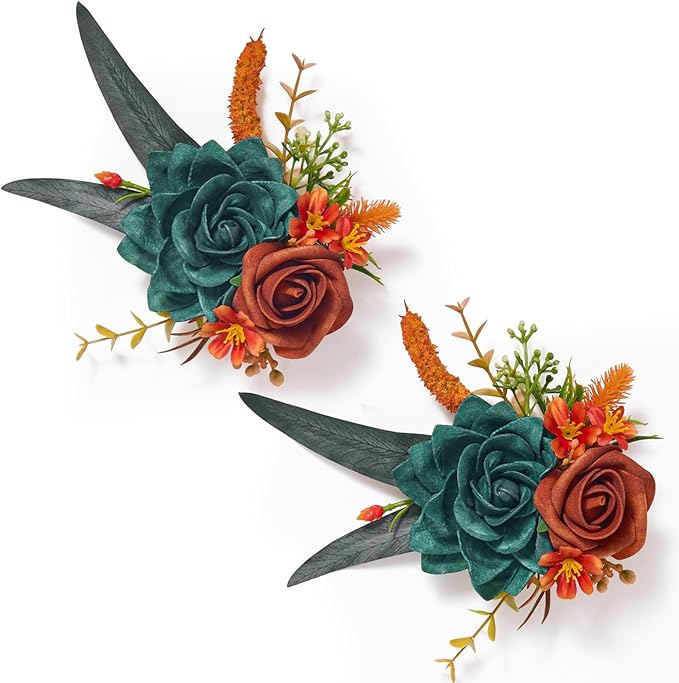 Serwalin 2 Pcs Boutonniere, 6-7 Inch Teal Orange Corsage for Wedding, Boutonniere for Men Groom and Best Man Prom Ceremony...