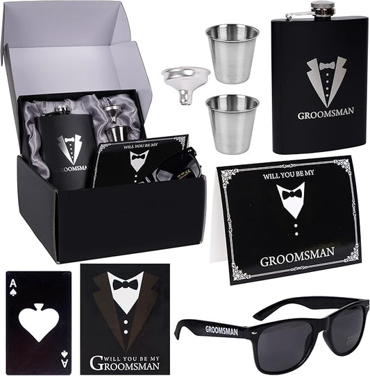6 Pieces Groomsmen Gifts Groomsman Proposal Wedding Party Box Set:8oz Stainless Steel Tuxedo Flask with cups Poker Bottle ...