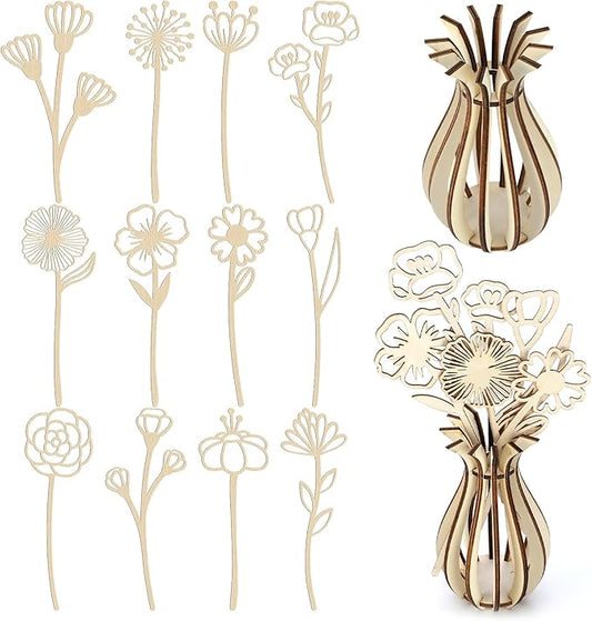 Thyle 13 Pcs Wooden Wildflower Flower Vase Laser Cut DIY Crafts Wooden Flowers Jigsaw Vase for Memorial Home Decoration Bi...
