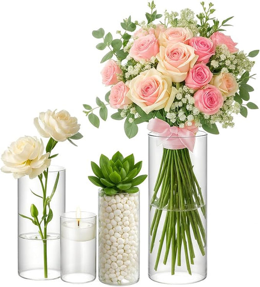 DomeStar 4PCS Glass Cylinder Vases for Centerpieces – 4, 6, 8, 10 Inch Tall Clear Flower Vase Hurricane Floating Candle Ho...