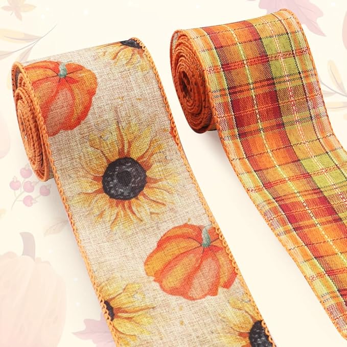 2 Rolls Fall Fabric Ribbons Thanksgiving Decor Ribbons Pumpkin Sunflowers Plaid Burlap Linen Ribbons for Thanksgiving Fall...